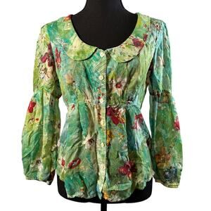 Tianello Small Floral Green Pink Rayon Collared Shirt Top Blouse Y2K Made in USA